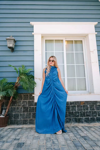 Ruched Maxi Linen Dress  Reversible Sleeveless Linen Dress with Front/Back Adjustable Tie – Beige, Navy, Black, Brown