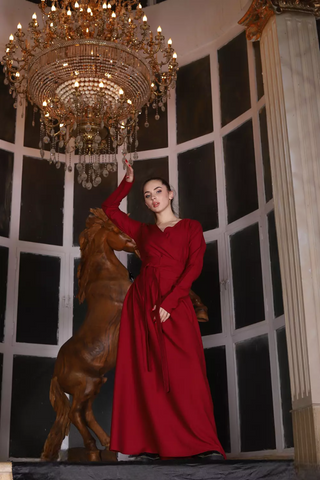 Wrap-Top Linen Maxi Dress with Double Flared Skirt & Wide Belt – 7 Elegant Colors