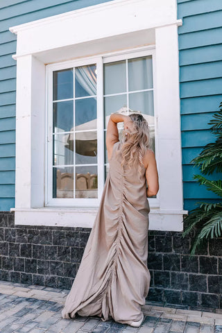 Ruched Maxi Linen Dress  Reversible Sleeveless Linen Dress with Front/Back Adjustable Tie – Beige, Navy, Black, Brown