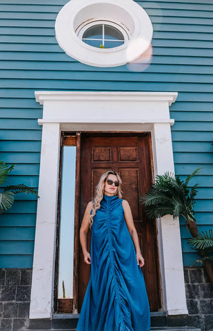 Ruched Maxi Linen Dress  Reversible Sleeveless Linen Dress with Front/Back Adjustable Tie – Beige, Navy, Black, Brown