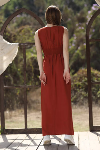 Dark Orange set | Cardigan & Basic Maxi DressTwo-Piece Linen Set – Flowy Dress with Side Pockets & Dark Orange or Havana Cardigan