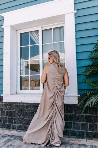 Ruched Maxi Linen Dress  Reversible Sleeveless Linen Dress with Front/Back Adjustable Tie – Beige, Navy, Black, Brown