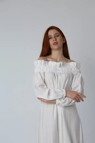 Off-Shoulder Linen Dress with Full Button Closure & Belt – White & Black