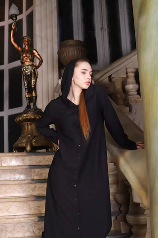 Black Linen Kaftan with Front Buttons & Hood – Wear Open or Closed | Side Pockets