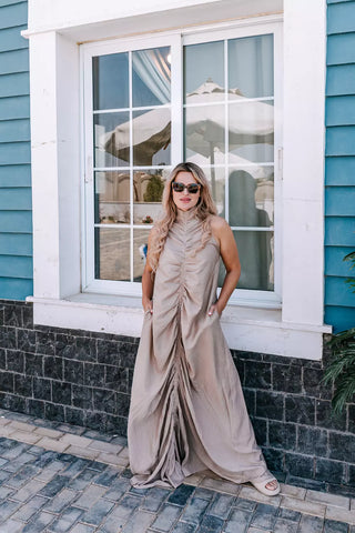 Ruched Maxi Linen Dress  Reversible Sleeveless Linen Dress with Front/Back Adjustable Tie – Beige, Navy, Black, Brown