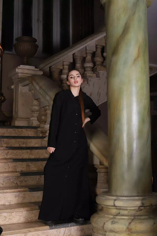 Black Linen Kaftan with Front Buttons & Hood – Wear Open or Closed | Side Pockets