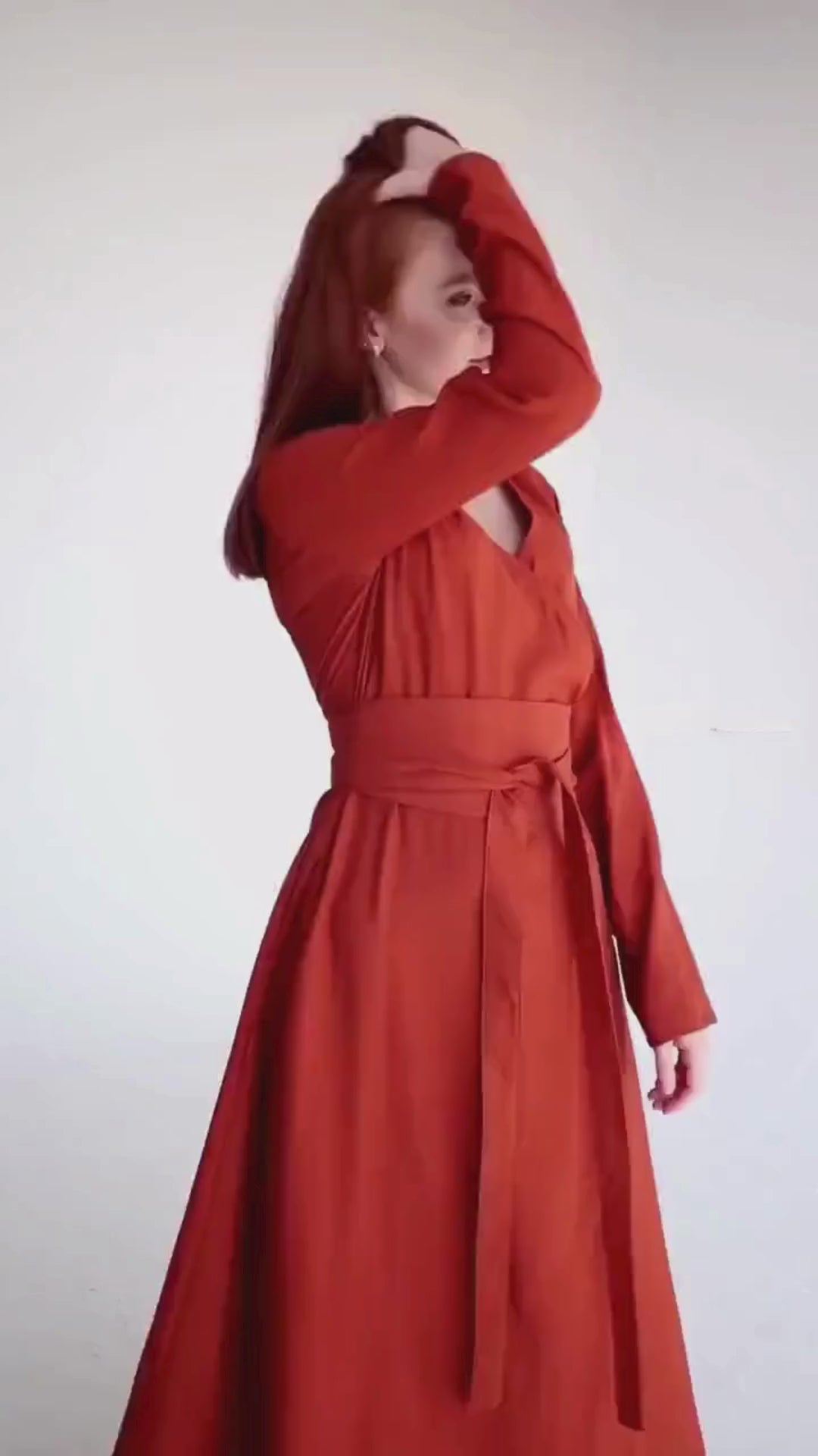 Wrap-Style Linen Dress with Wide Belt & Side Pockets – Loose Fit with Full Sleeves