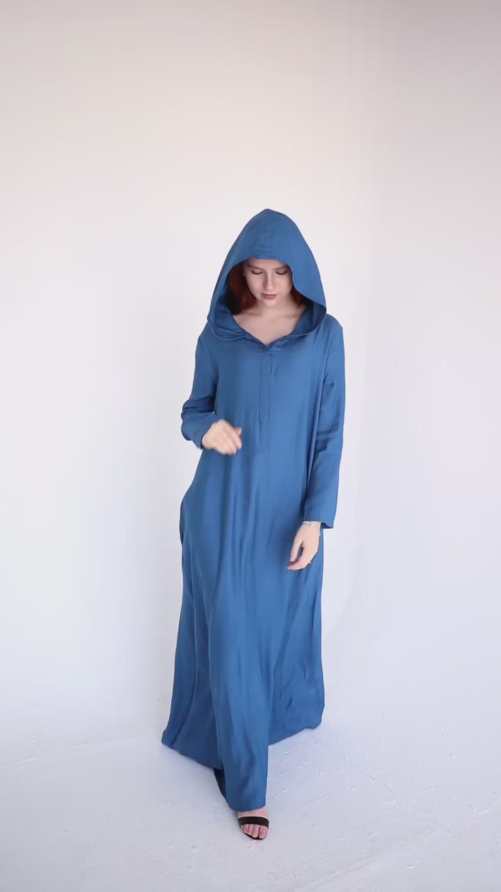 Linen Kaftan with Hood & Long Sleeves – Available from Small to 3XL