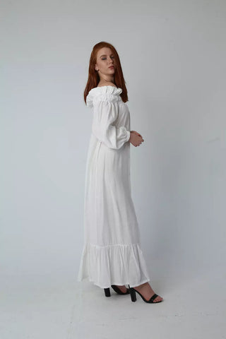 Off-Shoulder Linen Dress with Full Button Closure & Belt – White & Black