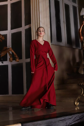 Wrap-Top Linen Maxi Dress with Double Flared Skirt & Wide Belt – 7 Elegant Colors