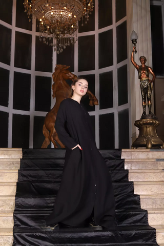 Black Linen Kaftan with Front Buttons & Hood – Wear Open or Closed | Side Pockets