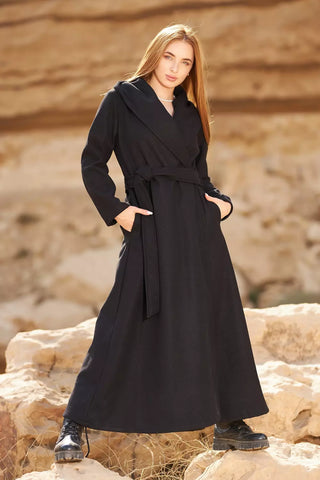 Wool Coat with Side Pockets, Rever Collar & Detachable Belt – Elegant & Warm for Winter  Long  Coat