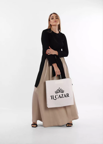 Two-Piece Linen Set – Beige Zippered Skirt & Black Slitted Top for a Unique Modern Look