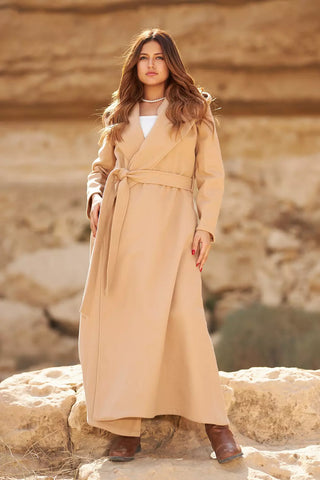 Wool Coat with Side Pockets, Rever Collar & Detachable Belt – Elegant & Warm for Winter  Long  Coat