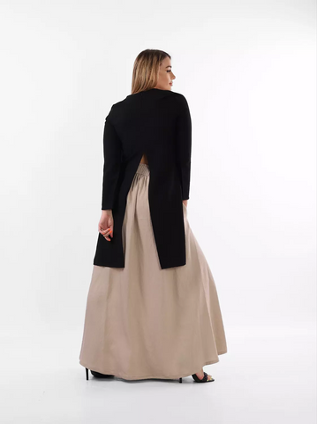 Two-Piece Linen Set – Beige Zippered Skirt & Black Slitted Top for a Unique Modern Look