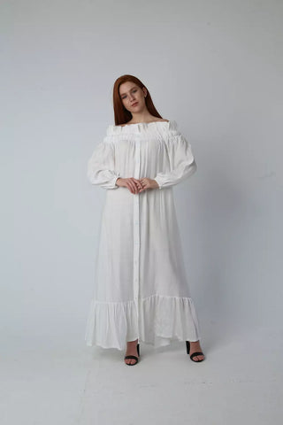 Off-Shoulder Linen Dress with Full Button Closure & Belt – White & Black